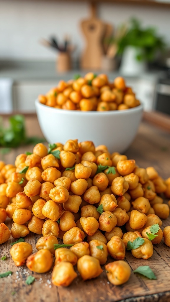 Crispy air fryer chickpeas in a bowl, garnished with herbs, on a wooden table.